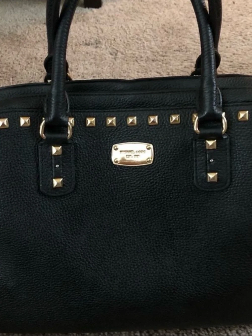Michael Kors Black Leather Studded Satchel with Gold Hardware